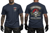 Portugal Comandos Special Forces T-Shirt featuring front unit emblem and back red beret skull graphic print in navy color option.