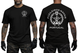 Portuguese Marine Corps T-Shirt in black featuring a front Portuguese Navy emblem and a large back design with crossed rifles, anchor, shield, and Portugal lettering.