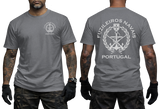 Portuguese Marine Corps T-Shirt in charcoal gray with a front naval infantry emblem and a bold Fusileiros Navais back graphic.