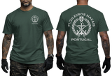 Portuguese Marine Corps T-Shirt in dark green featuring a front Portuguese Marine Corps insignia and a large back graphic with crossed rifles, anchor, and Portugal lettering