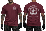 Portuguese Marine Corps T-Shirt in maroon with a front Fusileiros Navais emblem and a large Portuguese Navy-inspired graphic on the back.
