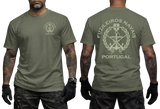 Portuguese Marine Corps T-Shirt in military green featuring a front naval infantry emblem and a bold back design with crossed rifles, anchor, and Portugal lettering.