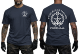 Portuguese Marine Corps T-Shirt in navy blue featuring a front Fusileiros Navais emblem and a large Portuguese naval infantry graphic with crossed rifles, anchor, and Portugal lettering on the back.