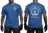 Portuguese Marine Corps T-Shirt in royal blue with a Portuguese Navy emblem on the front chest and a bold Fusileiros Navais design on the back.