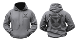 Selous Scouts dark grey hoodie with small black crest logo on front chest and large commemorative crest graphic on back, featuring 'Pawme Chete' and 'Rhodesian Army'.