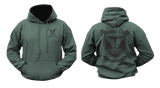 Selous Scouts forest green hoodie with small black crest logo on front chest and large commemorative crest graphic on back, featuring 'Pawme Chete' and 'Rhodesian Army'.