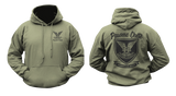 Selous Scouts military green hoodie with small black crest logo on front chest and large commemorative crest graphic on back, featuring 'Pawme Chete' and 'Rhodesian Army'.