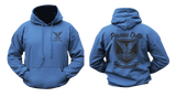 Selous Scouts royal blue hoodie with small black crest logo on front chest and large commemorative crest graphic on back, featuring 'Pawme Chete' and 'Rhodesian Army'.