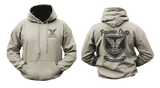 Selous Scouts sand hoodie with small black crest logo on front chest and large commemorative crest graphic on back, featuring 'Pawme Chete' and 'Rhodesian Army'.
