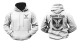 Selous Scouts white hoodie with small black crest logo on front chest and large commemorative crest graphic on back, featuring 'Pawme Chete' and 'Rhodesian Army'.