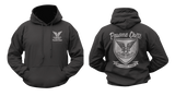 Selous Scouts black hoodie with light grey crest logo on front chest and large commemorative crest graphic on back, featuring 'Pawme Chete' and 'Rhodesian Army'.