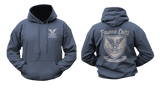 Selous Scouts navy blue hoodie with light grey crest logo on front chest and large commemorative crest graphic on back, featuring 'Pawme Chete' and 'Rhodesian Army'.