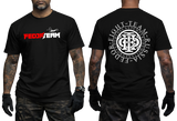Russian MMA Fighter Team Fedor black t-shirt featuring red and white Fedor Team logo on front and large circular emblem print on back.