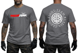 Russian MMA Fighter Team Fedor dark grey t-shirt featuring red and white Fedor Team logo on front and large circular emblem print on back.