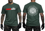 Russian MMA Fighter Team Fedor forest green  t-shirt featuring red and white Fedor Team logo on front and large circular emblem print on back