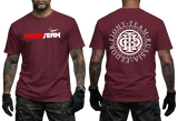 Russian MMA Fighter Team Fedor maroon t-shirt featuring red and white Fedor Team logo on front and large circular emblem print on back.