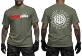 Russian MMA Fighter Team Fedor military green t-shirt featuring red and white Fedor Team logo on front and large circular emblem print on back.