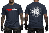 A man modeling a navy blue t-shirt, showing both the front and back views. The front features a red and white 'FEDOR TEAM' logo with a small flying figure graphic above it.