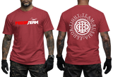 Russian MMA Fighter Team Fedor red t-shirt featuring red and white Fedor Team logo on front and large circular emblem print on back.