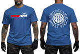 Russian MMA Fighter Team Fedor blue t-shirt featuring red and white Fedor Team logo on front and large circular emblem print on back.