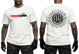 A white short-sleeve t-shirt shown on a model from both the front and back. The front features a red and black 'FEDOR TEAM' logo with a small graphic above it.
