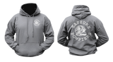 Sapeurs-Pompiers French Firefighter Hoodie in charcoal gray featuring a small front firefighter helmet emblem and a large white back graphic