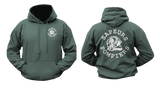 Sapeurs-Pompiers French Firefighter Hoodie in forest green featuring a small front firefighter helmet emblem and a large white back graphic