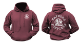 Sapeurs-Pompiers French Firefighter Hoodie in maroon featuring a small front firefighter helmet emblem and a large white back graphic