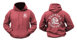 Sapeurs-Pompiers French Firefighter Hoodie in red featuring a small front firefighter helmet emblem and a large white back graphic