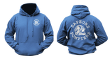 Sapeurs-Pompiers French Firefighter Hoodie in royal blue featuring a small front firefighter helmet emblem and a large white back graphic