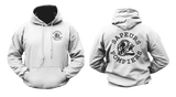 Sapeurs-Pompiers French Firefighter Hoodie in white featuring a small front firefighter helmet emblem and a large white back graphic