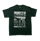Tokarev TT-33 gun shirt for men, Russian firearm T-shirt, vintage Soviet pistol graphic, forest green
