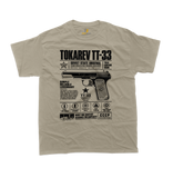 TT-33 gun shirt for men, Russian firearm T-shirt, vintage Soviet pistol graphic, sand
