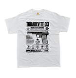 Tokarev TT-33 gun shirt for men, Russian firearm T-shirt, vintage Soviet pistol graphic, white