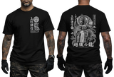 Uesugi Kenshin Samurai T-shirt featuring Japanese dragon emblem on front left chest and large warrior and dragon graphic print on back, in black color.