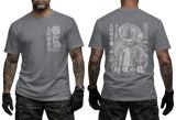 Uesugi Kenshin Samurai T-shirt featuring Japanese dragon emblem on front left chest and large warrior and dragon graphic print on back, in charcoal color.