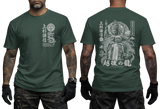 Uesugi Kenshin Samurai T-shirt featuring Japanese dragon emblem on front left chest and large warrior and dragon graphic print on back, in forest green color.