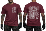 Uesugi Kenshin Samurai T-shirt featuring Japanese dragon emblem on front left chest and large warrior and dragon graphic print on back, in maroon color.