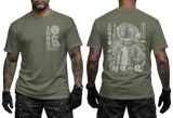 Uesugi Kenshin Samurai T-shirt featuring Japanese dragon emblem on front left chest and large warrior and dragon graphic print on back, in military green color.