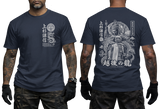 Uesugi Kenshin Samurai T-shirt featuring Japanese dragon emblem on front left chest and large warrior and dragon graphic print on back, in navy color.