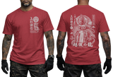 Uesugi Kenshin Samurai T-shirt featuring Japanese dragon emblem on front left chest and large warrior and dragon graphic print on back, in red color.