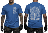 Uesugi Kenshin Samurai T-shirt featuring Japanese dragon emblem on front left chest and large warrior and dragon graphic print on back, in royal blue color.