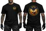 Black cotton t-shirt featuring the Ukrainian Military Intelligence Service (GUR) owl and sword emblem on the front chest and a large back emblem print.