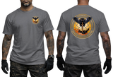 charcoal grey cotton t-shirt featuring the Ukrainian Military Intelligence Service (GUR) owl and sword emblem on the front chest and a large back emblem print.