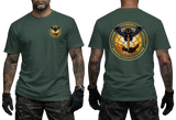 forest green cotton t-shirt featuring the Ukrainian Military Intelligence Service (GUR) owl and sword emblem on the front chest and a large back emblem print.