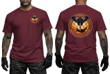 maroon cotton t-shirt featuring the Ukrainian Military Intelligence Service (GUR) owl and sword emblem on the front chest and a large back emblem print.