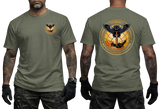 military green cotton t-shirt featuring the Ukrainian Military Intelligence Service (GUR) owl and sword emblem on the front chest and a large back emblem print.