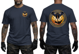 navy blue cotton t-shirt featuring the Ukrainian Military Intelligence Service (GUR) owl and sword emblem on the front chest and a large back emblem print.