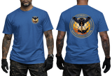 royal blue cotton t-shirt featuring the Ukrainian Military Intelligence Service (GUR) owl and sword emblem on the front chest and a large back emblem print.