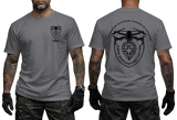 Ukraine Unmanned Systems Forces tactical t-shirt in charcoal with front chest badge and large back military drone emblem.